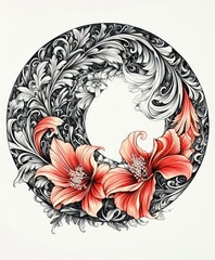 Wall Mural - A decorative circular design featuring intricate floral patterns and vibrant flowers.