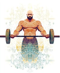 Sticker - A muscular figure lifting a barbell, surrounded by intricate patterns and designs.