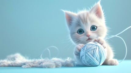 Wall Mural - A cute, white kitten with blue eyes is playing with a blue ball of yarn.