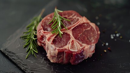 Wall Mural - Freshly cut raw meat served with a fragrant sprig of rosemary, ideal for cooking and culinary purposes