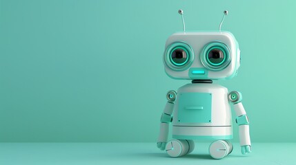 Poster - A cute, cartoon robot with big eyes and a turquoise body, standing on a turquoise background.