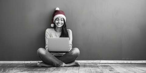 Poster - A woman sits on the floor working on her laptop in a quiet and cozy atmosphere