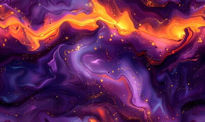 Wall Mural - symmetrical orange and purple paint stream on a dark purple backdrop, Generative AI