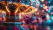 © Nawarit - Carnival ride with vibrant lights, lively and energetic, Pop art, Bright hues, Photograph, Fun amusement