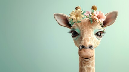 Canvas Print - A cartoon giraffe wearing a flower crown looks at the camera.