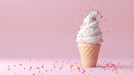 Sticker - A 3D rendering of an ice cream cone with sprinkles on a pink background.