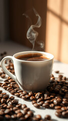 Sticker - Steaming Cup of Coffee with Coffee Beans