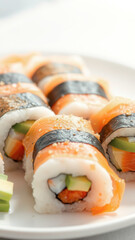 Canvas Print - Close-up of salmon avocado sushi rolls on a white plate