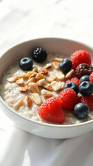 Canvas Print - Close-up of a bowl of oatmeal with berries and almonds