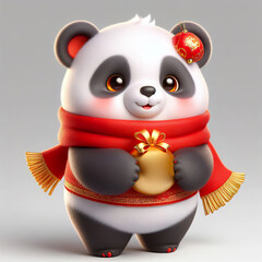 Wall Mural - cute 3d fluffy Chinese style happy panda teddy bear character with red scarf new year theme