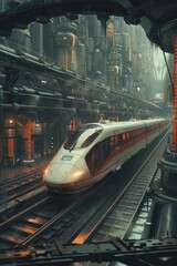 Canvas Print - A train arrives or departs from a busy train station surrounded by tall structures