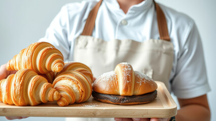 Wall Mural - Baker holding a tray of freshly baked croissants