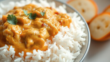 Canvas Print - Close Up Of Creamy Chicken Curry Served On A Bed Of White Rice