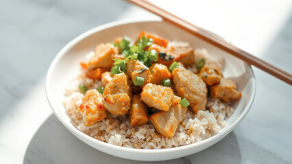 Wall Mural - Closeup of Chicken and Rice with Chopsticks