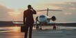 © Maftuh - A businessman in black suit and with briefcase is standing on the airport runway near private jet while making phone call, view from back side, blurred background