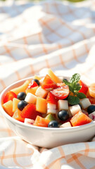 Wall Mural - Fresh Fruit Salad in a Bowl on a Plaid Tablecloth