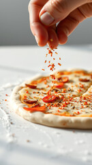 Canvas Print - Close-up of hand sprinkling red pepper flakes on pizza