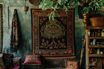 Poster - A cozy living room scene with a rug and a chair