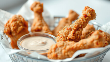 Poster - Close-up of crispy fried chicken drumsticks with dipping sauce