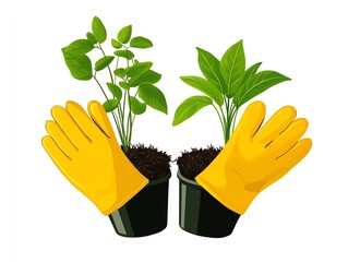 Vibrant plants in pots with yellow gardening gloves, perfect for illustrating concepts of gardening, care, and growth.