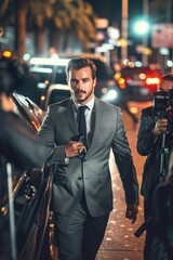 Canvas Print - A businessman walking on a city street, perfect for commercial or professional use