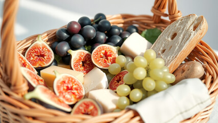 Wall Mural - Fresh Fruit and Cheese in a Wicker Basket