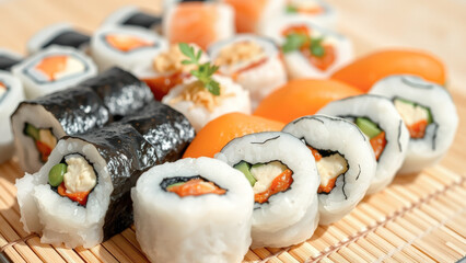 Canvas Print - Close-up of Sushi Rolls on Bamboo Mat