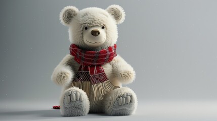 Poster - A fluffy white teddy bear wearing a red and white scarf sits in front of a light gray background.