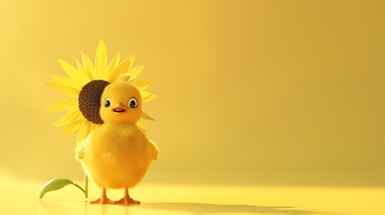 Canvas Print - A cute yellow chick stands next to a sunflower against a yellow background.