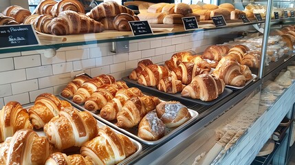 Canvas Print - Freshly baked croissants and other pastries displayed in a bakery.