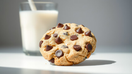 Sticker - Close-up of a Chocolate Chip Cookie with a Glass of Milk in the Background