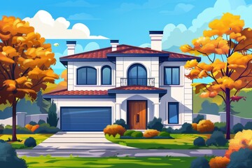 Wall Mural - A whimsical illustration of a cartoon house surrounded by trees and a driveway, suitable for use in children's books, advertisements, or as a decorative element