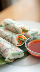 Canvas Print - Fresh spring rolls with dipping sauce on a white plate