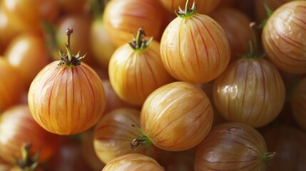 Close-up of ripe, orange gooseberries. The vibrant fruit is fresh and juicy, showcasing its natural color and texture, perfect for summer desserts.