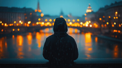 photo of back of sad teenager in hoodie standing on bridge over river in city at night, street lights, negative emotions, lonely man, boy, person, people, world suicide prevention day, depression