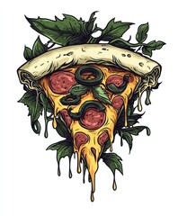 Sticker - A colorful, dripping pizza slice adorned with greenery and toppings.