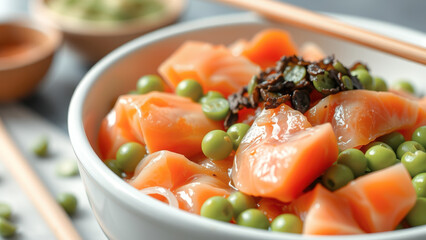 Close-up of Salmon Salad with Peas and Black Mushrooms