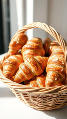 Wall Mural - Freshly Baked Croissants in a Wicker Basket