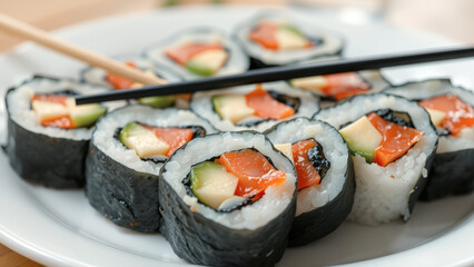 Canvas Print - Close-up of Sushi Rolls on a White Plate