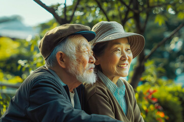 Wall Mural - An elderly Asian couple enjoying outdoors, their love palpable