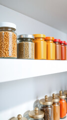 Canvas Print - Glass jars with spices on white shelves