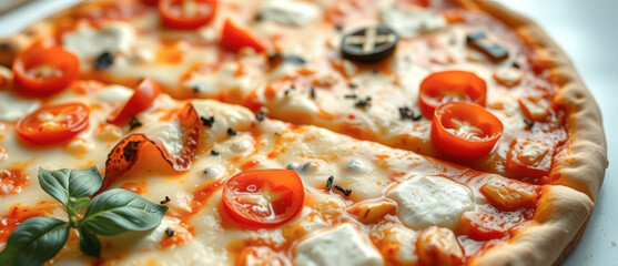 Wall Mural - Close-up of a Delicious Pizza with Cherry Tomatoes and Basil