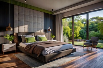 Bed room interior, Minimalist luxury modern bed room design, morning light, modern interior concept.