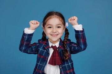 Poster - A young student with a school uniform raises her hands, possibly asking for attention or excitement