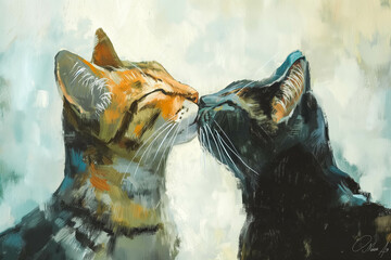 Wall Mural - Two cute cats in love, romantic animal illustration