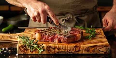 Wall Mural - Man Trimming Fat from a New York Steak on an Olive Wood Cutting Board