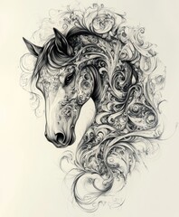 Canvas Print - A detailed artistic illustration of a horse's head surrounded by intricate floral patterns.