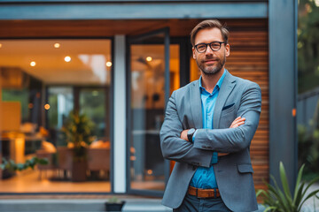 Confident American man real estate agent stands proudly outside a modern home, radiating expertise and approachability, ready to assist potential house buyers