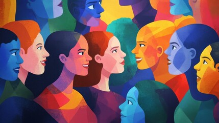 Wall Mural - Colorful Abstract Illustration of Diverse Faces in Various Hues and Expressions