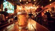 © Ratchadaporn - Frothy Beer Mug on Wooden Bar Counter with Live Music Performance